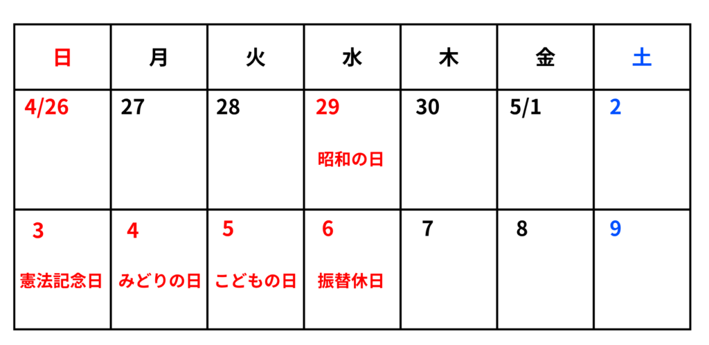 2026GWのカレンダー